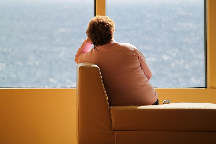 Person von Hinten, schaut aus dem Fenster, Gefühl von Einsamkeit und Sehnsucht